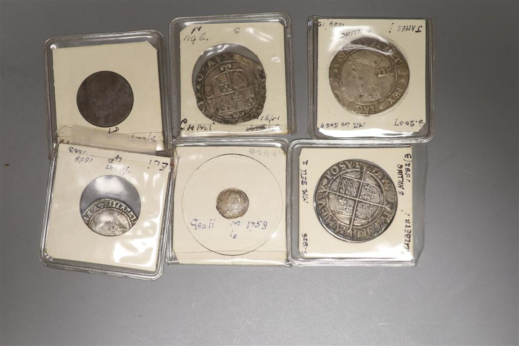 Tudor to Hanoverian silver coins; Elizabeth I groat mm crosslet, F; Elizabeth I shilling mm. bell, 1582/3, For better, a Charles I